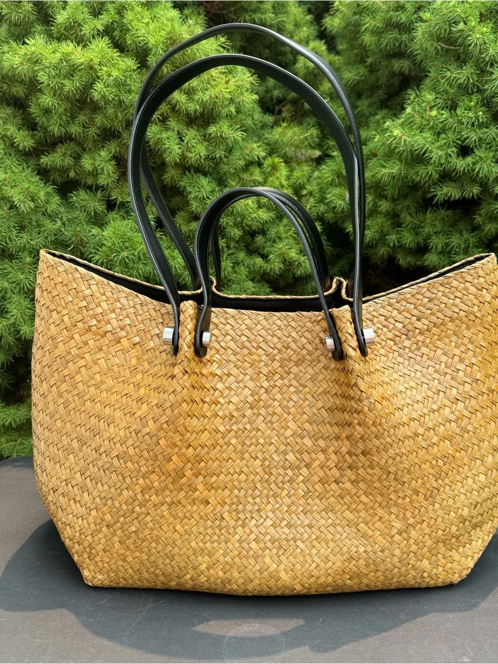 AllSaints Allington Woven Straw Tote Bag with Black Handles and Removable Pouch